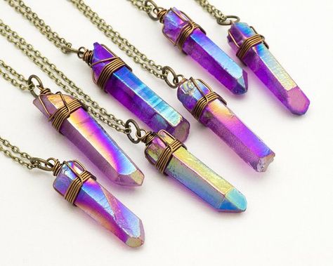 Goth Necklaces, Angel Aura Quartz Necklaces, Modern Jewelry Box, Dark Rainbow, Rainbow Aura Quartz, Crystal Pen, Aura Quartz Crystal, Boho Style Necklaces, Titanium Quartz