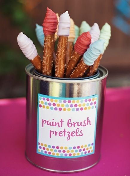 Paint Brush Party Pretzels Paint Themed Birthday Party, Artist Birthday Party, Dot Rainbow, Art Themed Party, Housewarming Party Ideas, Housewarming Ideas, Painting Birthday Party, Artist Birthday, Birthday Painting