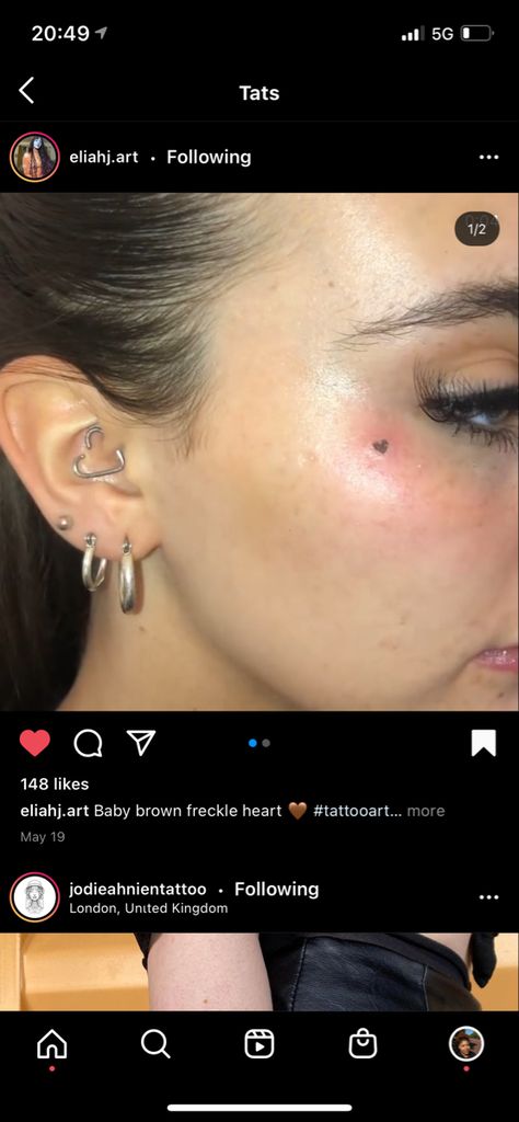 Small Tattoo On Face Women, Micro Face Tattoo, Small Heart Face Tattoos For Women, Freckle Face Tattoo, Mini Heart Face Tattoo, Women Small Face Tattoo, Cute Tiny Face Tattoos, Small Heart Freckle Tattoo, Feminine Face Tattoos For Women