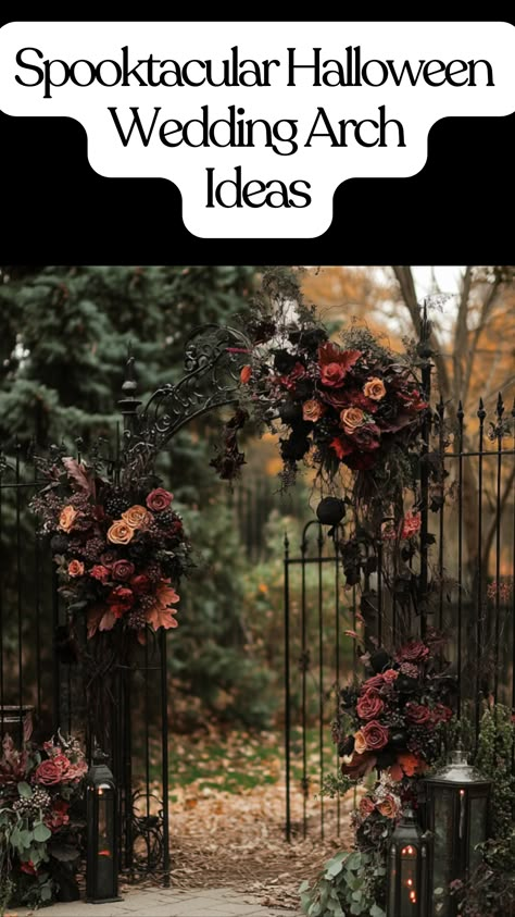 A gothic-style Halloween wedding arch decorated with dark florals, candles, and eerie details, creating a spooky yet elegant backdrop for a haunted wedding ceremony. Spooky Wedding Arch, Halloween Wedding Backdrop, Halloween Wedding Photo Booth, Gothic Halloween Wedding Ideas, Elegant Halloween Wedding Decorations, Halloween Wedding Arch, Halloween Wedding Reception Decorations, Unique Wedding Arch, Ghost Wedding