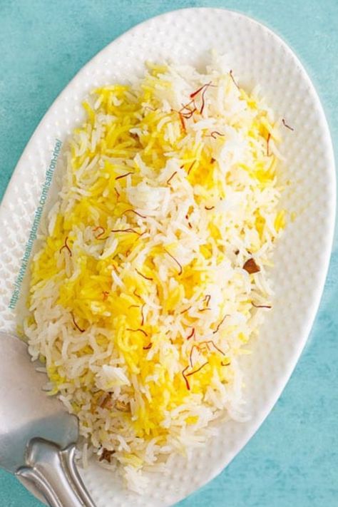 The Best Saffron Rice Recipe is a quick side dish recipe for vegan, vegetarian or meat recipes Saffron Rice Recipe, Cabbage Curry, Yellow Rice Recipes, Ghee Recipe, Indian Side Dishes, Mexican Rice Recipes, Vegetarian Comfort Food, Saffron Rice, Sweet Potato Curry