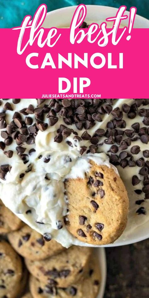 Cannoli Dip is an easy no-bake dessert dip that is creamy and delicious! Made from whipped cannoli filling using real mascarpone. Serve it with broken waffle cones or chocolate chip cookies to dip in it. Conoli Recipe Dip Easy, Snickerdoodle Cannoli Dip, Cannoli Dip With Cream Cheese, Conoli Recipe, Shotcuterie Party, Cheesecake Dips, Easy Cannoli Dip, April Meals, Dips Sweet