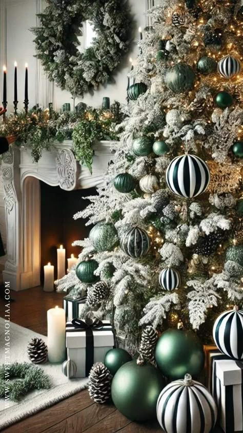 Black and White Christmas Decor - Sweet Magnoliaa Green Black Christmas Decor, Dark Green Christmas Tree Decor, Green Gold And White Christmas Tree, Green Black And White Christmas Tree, Black White And Green Christmas Decor, Black And Green Christmas Tree, Black White Green Christmas, Black And White Christmas Tree Ideas, Emerald Christmas Decor