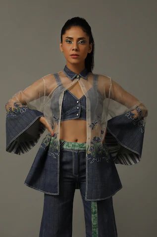 Blue Embroidered Dress, Organza Jacket, Wear Crop Top, Indian Fashion Designers, Denim Cotton, Fashion Design Clothes, Indigo Blue, Festival Wear, Botanical Art