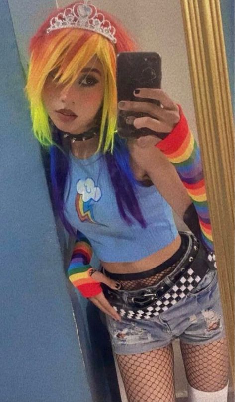 Rainbow Bright Cosplay, Scene Rainbow Hair, Scene Clothes Aesthetic, Pitch Canker, Bright Fashion Aesthetic, Rainbow Dash Outfit Ideas, Scene Costume, Scene Kid Shirt, Rainbow Dash Scene