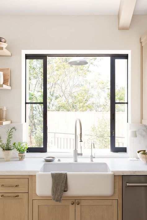 Kitchen Window Ideas Sink Open Shelving, Sliding Window Over Kitchen Sink, Pocket Window Kitchen, Kitchen Under Window Ideas, Kitchen Ideas Window Over Sink, Small Kitchen Window Over Sink Open Shelves, Sink Window Kitchen, Cabinets Around Window Kitchen, Kitchen Sink Under Window Ideas