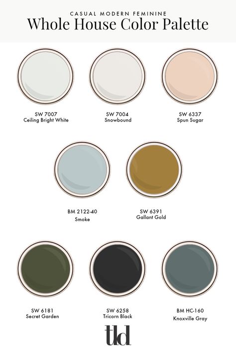 Modern Vintage Color Scheme, Studio Mcgee Living Room Paint Colors, House Color Schemes Interior Modern, Whole House Design Scheme, While House Color Palette, Transitional Color Palette For Home, House Color Pallet Interiors, French Cottage Color Palette, Trim Colors Interior Ideas