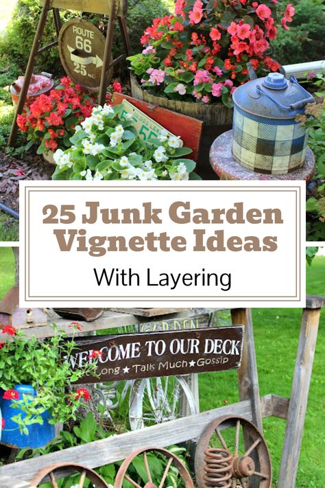 Rustic Flower Bed Ideas, Junk Garden Ideas, Primitive Garden Ideas, Vintage Garden Ideas, Garden Gate Decor, Decorating With Junk, Garden Vignettes, Old Garden Tools, Junk Garden