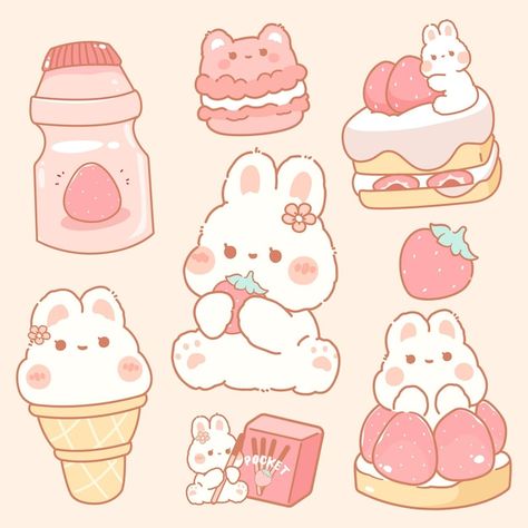 Strawberry Dessert, Cute Strawberry, Cartoon Animals, Premium Vector, Hello Kitty, Pastel, Kitty, Dessert, Animals