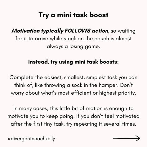 If you're feeling stuck, these strategies can help. The mini task boosts work the best for me. But not all strategies will work for all people, and some strategies will work great one day but not work at all the next. That's why it's helpful to have a bunch of different tools you can pull from when you're suffering from ADHD paralysis. . . . . . . #adhd #audhd #neurodivergent #adhdawareness #adhdmemes #adhdwomen #adhdsupport #adhdbrain Task Paralysis Tips, Task Paralysis, Different Tools, Work Tips, Todo List, Feeling Stuck, Social Work, Life Advice, One Day