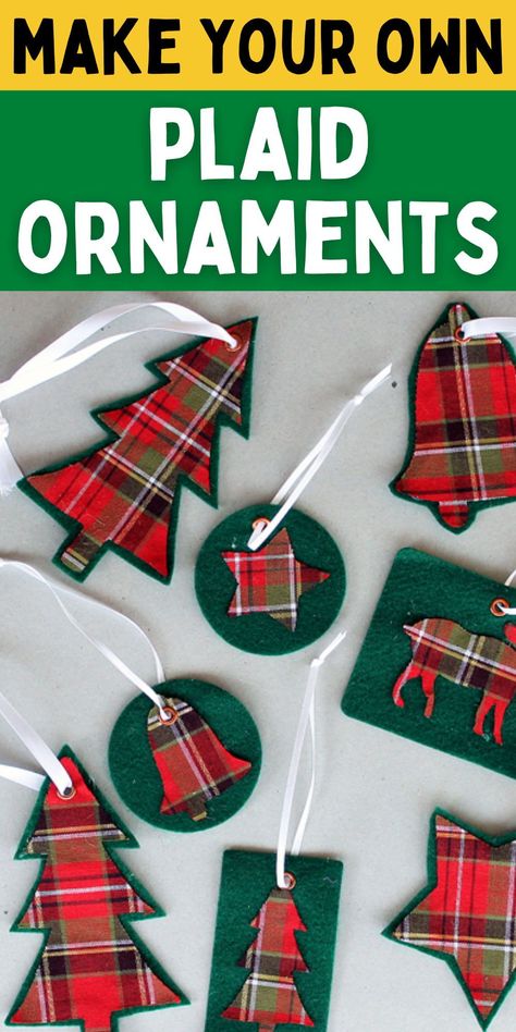 DIY Plaid Holiday ornaments. Easy ornaments made of plaid. how to make plaid ornaments. Flannel Ornaments Diy, Diy Plaid, Plaid Christmas Ornaments, Plaid Ornaments, Plaid Crafts, Scottish Christmas, Sewn Christmas Ornaments, Sew Christmas, Plaid Diy