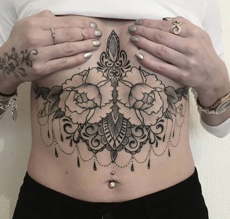 Sternum Underboob Tattoo, Underboob Tattoo, Stomach Tattoos, Sternum Tattoo, Mandala Tattoo, Lotus Flower Tattoo, Tattoos And Piercings, Flower Tattoo, Peonies