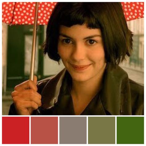 Saturated red and green feature throughout the film Amelie. Red is used symbolically to highlight Amelie’s passionate nature and green serves as a contrast to enhance the red. These two contrasts give rise to subtle, intermixed red-green tertiary colours in many scenes of the film. Colour palette by Zena O’Connor. Amelie Color Palette, Storyboard Inspiration, Colour Wheel Theory, Color In Film, Movie Color Palette, Tertiary Color, Cinema Colours, Color Composition, Color Script