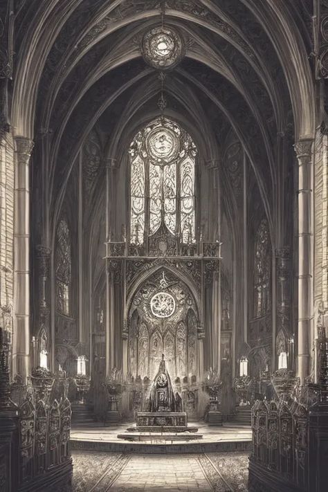 The image is a black and white drawing of a Gothic cathedral. The cathedral is dark and mysterious, with a high vaulted ceiling and stained glass windows. The floor is covered in cobblestones, and there are candles burning on the altar. A large organ is located in the back of the cathedral. Gothic Organ, Gothic Stained Glass Windows, Gothic Altar, Room References, Opus Eponymous, Candles Burning, Inside Art, Gothic Cathedral, Dark And Mysterious