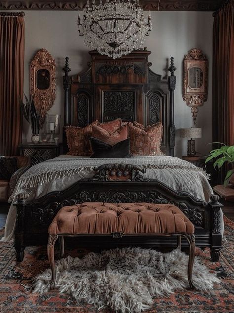 Elegant Gothic Bedroom, Castle Bedroom Aesthetic, Bedroom Vintage Aesthetic, Victorian Room Aesthetic, Luxury Boho Bedroom, Dark Victorian Bedroom, Victorian Bedroom Aesthetic, Victorian Bedroom Ideas, Bedroom Wall Panel