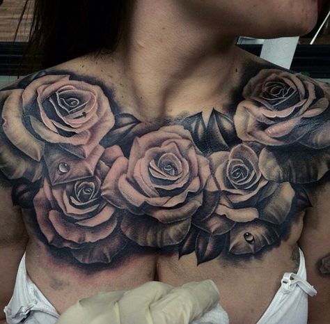 Chest of roses Chest Tattoo Female Upper, Rose Chest Tattoo, Tattoos Chest, Full Chest Tattoos, Tattoo Roses, Floral Thigh Tattoos, Tattoo Chest, Traditional Rose, Tattoos For Dog Lovers