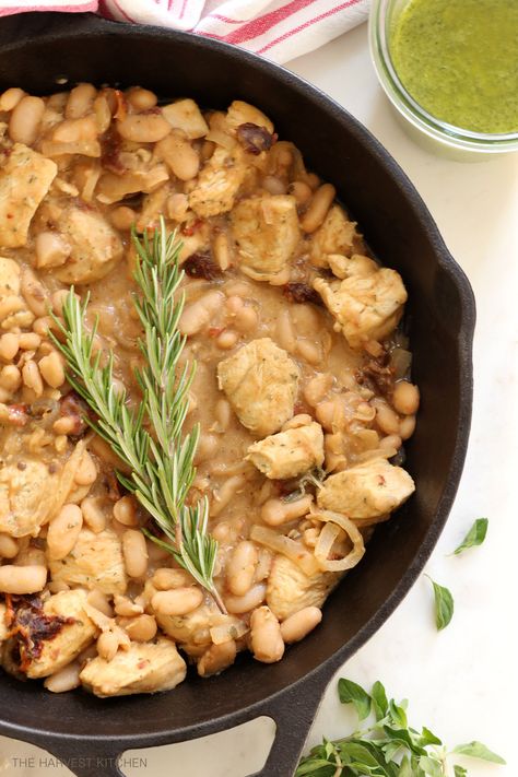 Tuscan Chicken with White Beans Chicken And White Beans Recipe, Healthy Tuscan Chicken, Chicken White Bean Soup, Chicken And Beans Recipe, Chicken With White Beans, Chicken And Beans, Beans Recipe Healthy, Creamy White Beans, Easy Skillet Chicken