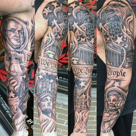 Mens We The People American Themed Patriotic Full Sleeve Tattoos Military Sleeve Tattoo, American Flag Sleeve Tattoo, Men With Tattoos, People Tattoo, Patriotic Tattoos, Sanskrit Tattoo, Usa Tattoo, Tattoos Men, Traditional Sleeve