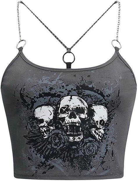 Skull Crop Top, Goth Crop Top, Goth Tops, Clubwear Outfits, Punk Skull, Distressed Mom Jeans, Spaghetti Strap Top, Grunge Punk, Cropped Cami