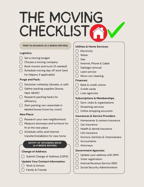 Make moving homes less stressful with my moving checklist. Quick Moving Tips Packing, Move Out List, Moving Checklist Things To Do, Moving In Checklist, Move Out, Moving Motivation, Move Out Checklist, Moving To Do List, Moving Checklist Printable