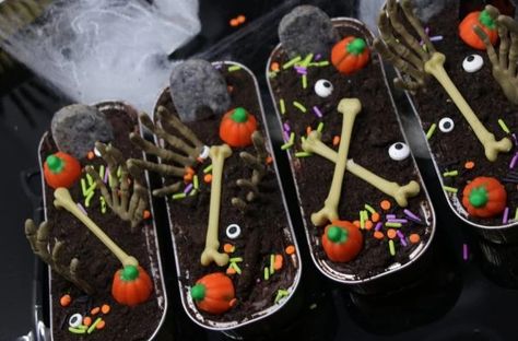 Halloween Zombie Graveyard Mini Cakes Graveyard Brownies, Graveyard Brownies Halloween Treats, Edible Graveyard, Halloween Coffin Cake, Halloween Mini Cakes, Brownie Tombstones, Halloween Mini Cakes In Tins, Halloween Mini Cake Pan, Halloween Mini Tray Cakes