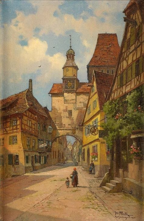 Ars Longa Vita Brevis, Fantasy Village, Medieval Artwork, Fantasy Town, Josef Frank, Medieval Houses, Fantasy City, Great Paintings, Medieval Town