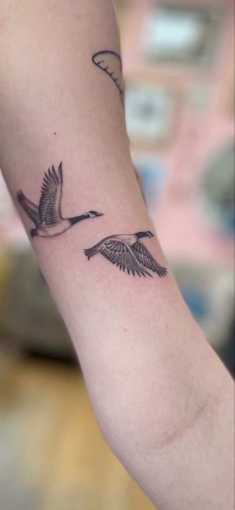 Gabby Petito Tattoo, Goose Fine Line Tattoo, Geese Tattoo Small, Two Geese Tattoo, Goose Feather Tattoo, Mary Oliver Tattoo Ideas, Flock Of Geese Tattoo, Canada Geese Tattoo, Blue Jay Outline Tattoo