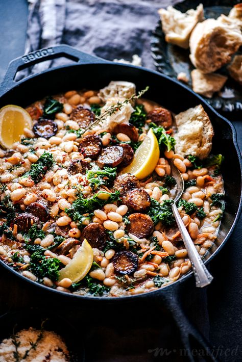 Brothy Italian White Beans with Sausage & Kale Essen, Sausage And White Bean Cassoulet, Brothy White Beans, White Beans Sausage, January Dinners, White Beans And Sausage, White Bean Sausage, Beans With Sausage, Dairy Free Meal