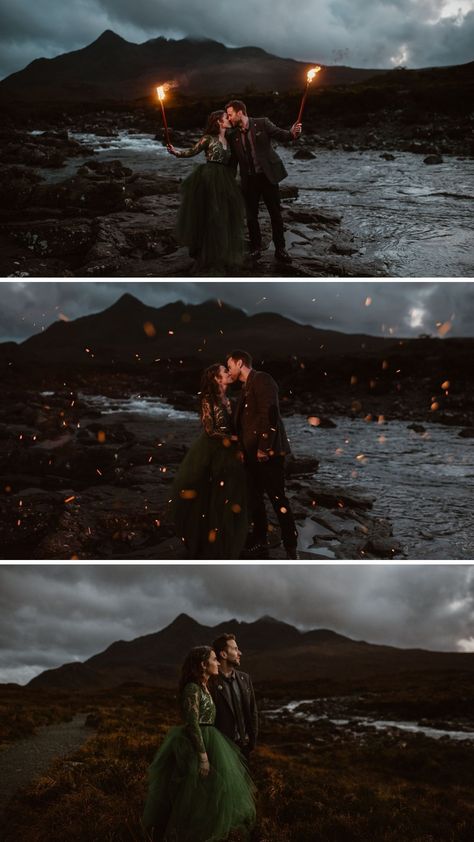 Evening Wedding Photos, Destination Elopement Photography, Couples Elopement Photoshoot, Dark Elopement Aesthetic, Scotland Couple Photography, Wedding In Scotland, Fantasy Elopement, Witchy Elopement, Elope Wedding Ideas