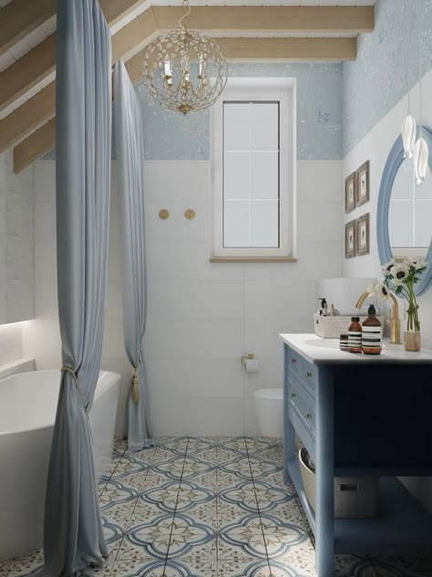 Blue Toilet Design, Greek Bathroom Ideas, Gorgeous Bathroom Tile, Coastal Bathroom Ideas, Small Bathroom Styles, Toilet Room Decor, Guest Bathroom Remodel, Coastal Bathroom, Washroom Design