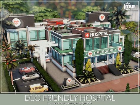 MychQQQ's Eco Friendly Hospital Lotes The Sims 4, The Sims 4 Lots, Youtube Cover, Sims 4 Cas Mods, Hospital Architecture, Sims 4 House Design, Medical Careers, Youtube Design, Sims House Design