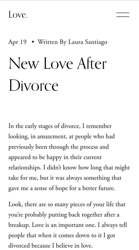 Screenshot of blog post title 'New Love After Divorce' black serif font on white background Encouragement Quotes For Him, Love After Divorce, Separation Quotes, Seperation Marriage, Life After Divorce, Divorce Counseling, Divorce For Women, How To Believe, Divorce Advice