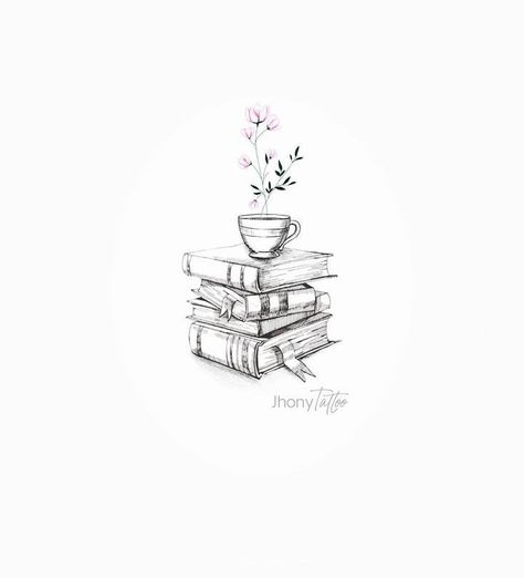 Blooming Book Tattoo, Minimal Book Tattoo Ideas, Fine Line Tattoo Book Lover, Delicate Book Tattoo, Book And Tea Tattoo, Book And Plant Tattoo, Art Lover Tattoo, Cat On Books Tattoo, Coffee Book Tattoo