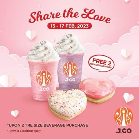 J.Co Donut & Coffee Valentine's Day FREE Valentine's Donuts Promotion from 13 February 2023 until 17 February 2023 Valentine Promotion, Jco Donuts, Donut Coffee, Food Deals, 2023 Food, Ice Cream Poster, 17 Feb, Food Promotion, Coffee Valentines