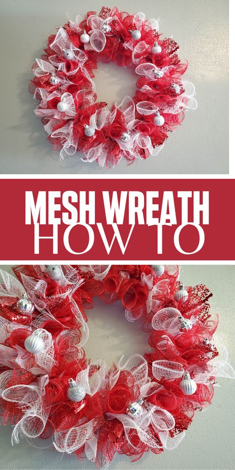 Visit Sonya's Happenings... to learn how to make this very easy DIY red and white Christmas mesh wreath ~ Completely made with Dollar Tree supplies! Dollar Tree DIY - Mesh Wreath - Christmas Mesh Wreath Tutorial - Christmas mesh wreath dollar tree Deco Mesh Christmas Wreaths Diy, White Mesh Wreath, Ribbon Wreath Diy, Diy Deco Mesh Wreath, Making Mesh Wreaths, Deco Mesh Wreaths Tutorials, Christmas Mesh Wreath, Deco Mesh Wreaths Diy, Holiday Wreaths Diy