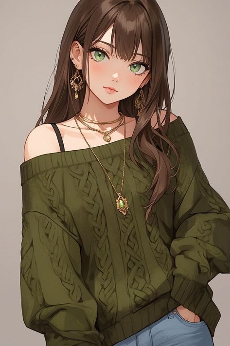 Drawing Brown Eyes, Brown Hair Green Eyes Character Art, Anime Oc Female Brown Hair Green Eyes, Anime Female Brown Hair, Anime Oc Female Brown Hair, Green Profile Pic, Brown Hair Wallpaper, Green Hair Drawing, Anime Eyes Female