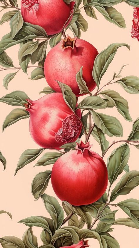 Pomegranate Art Design, Wallpaper Pomegranate, Pomegranate Aesthetic, Pomegranate Illustration, Iphone Wallpaper Tropical, Pomegranate Plant, Pomegranate Wallpaper, Pomegranate Branch, Pomegranate Pattern