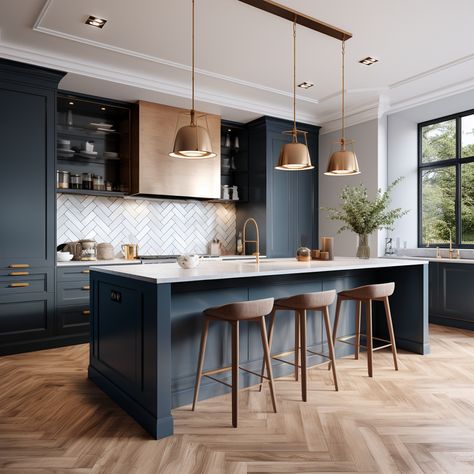 Modern Kitchen Design Navy Blue, Modern Kitchen Navy Blue, Navy Kitchen Inspiration, Neoclassic Kitchen Design Luxury, Kitchen Blue And Wood, Navy House Interior, Kitchen Design Blue And White, Kitchen Design Navy Blue, Modern Kitchen Design Blue