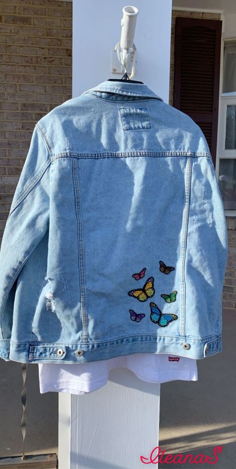 #diy #byme #butterfly #letmeinspireyou #jeanjacket Butterfly Jean Jacket, Funky Jeans, Diy Butter, Healing Symbols, Jean Jacket Patches, Etsy Embroidery, Paint Shirts, Lady Dress, Flannel Jacket