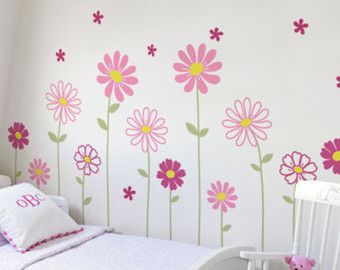 Baby girl wall decal flowers | Etsy Painted Flower Mural Wall, Flower Wall Painting Bedrooms, Flower Mural Nursery, Toddler Room Paint Ideas, Flower Themed Bedroom, Flower Mural Bedroom, Girls Flower Bedroom, Girl Nursery Flowers, Nursery Flower Wall