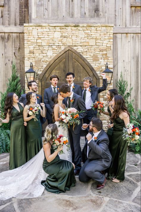 Dark Eucalyptus Bridesmaid Dress, Oliver Green Bridesmaid Dresses, Groomsmen Attire Forest Wedding, Olive Green Bridesmaid Dress With Navy Suits, Green Theme Wedding Party, Rust And Green Bridal Party, Groomsmen Attire For Fall Wedding, Deep Green Wedding Flowers, Wedding Flowers Olive Green