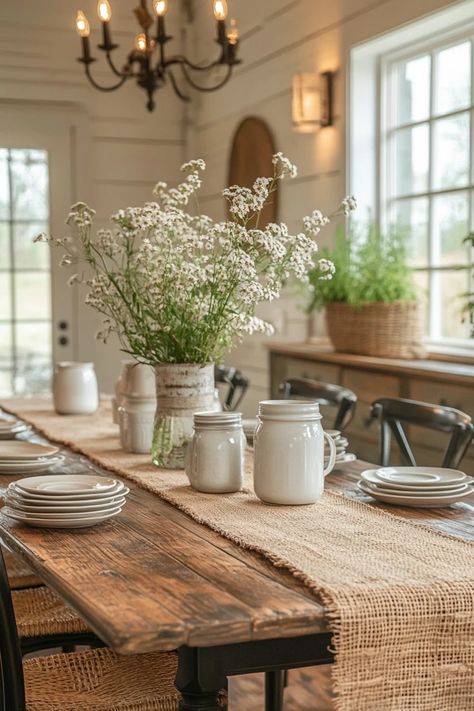 Farmhouse Dining Room Ideas for Family Gatherings - Hogarly Interior Design Small Farmhouse Interior Ideas, Rustic Farmhouse Dining Room Ideas, Long Dining Room Table Decor, Rustic Dining Room Table Centerpiece, Room Ideas For Family, Small Farmhouse Dining Room, Tablescapes Ideas Everyday, Rustic Dining Room Decor, Long Dining Room Tables