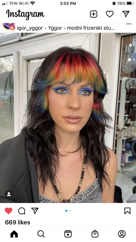 Prism Bangs, Bob Dyed Hair, Rainbow Fringe Hair, Color Placement Hair, Rainbow Curtain Bangs, Rainbow Color Block Hair, Vivid Hair Color Placement Ideas, Rainbow Shag Hair, Pride Hair Color