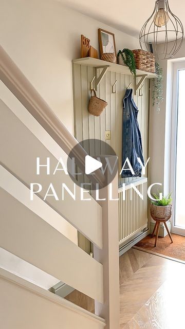 Green Hallway Paint, Cottagecore Hallway, Tounge And Groove, Hallway Panelling, Stair Paneling, Stairs And Doors, Wood Primer, Tongue And Groove Panelling, Narrow Hallway Decorating