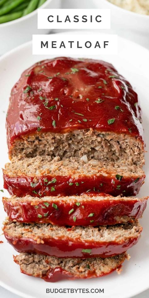 This classic meatloaf recipe is just like the traditional meatloaf grandma used to make! Tender and juicy with the perfect tomato glaze! BudgetBytes.com Essen, Meatloaf Recipes With Tomato Soup, Traditional Meatloaf, Beef Meatloaf, Homemade Meatloaf, Classic Meatloaf Recipe, Classic Meatloaf, Good Meatloaf Recipe, Best Meatloaf