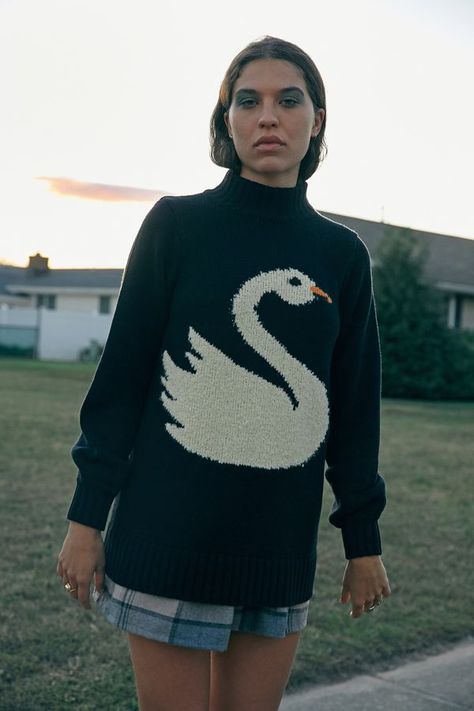 UO Swan Lake Intarsia Knit Sweater | Urban Outfitters Swan Sweater, Animal Sweater, Slip Skirts, High Neck Sweater, Swan Lake, Piece Of Clothing, Knit Sweater, Sweaters & Cardigans, Knitted Sweaters