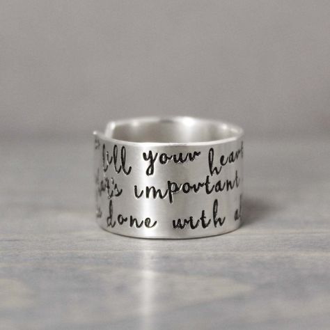 "This charming sterling silver inspiration ring is the perfect reminder. So fill your heart with what's important...and be done with all the rest. Hammered Silver Ring Measurements & Features: ♥ 1/2\" wide ♥ Tumbled & polished .925 sterling silver PureImpressions.etsy.com makes these charming stamped silver feather rings, as well as other hand stamped jewelry with love one at a time in the heart of Wyoming." Silver Quotes, Feather Ring Silver, Unique Silver Rings, Metal Stamped Jewelry, Hammered Silver Ring, Gold Diamond Wedding Band, Aquamarine Engagement Ring, Silver Feather, Hand Stamped Jewelry