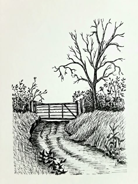 Sharpie Landscape Drawings, Country Landscape Drawing, Ink Pen Drawings Easy, Farm Landscape Drawing, Pen Sketch Landscape, Pen And Ink Drawings Simple, Country Sketches, Farm Sketch, Country Drawings