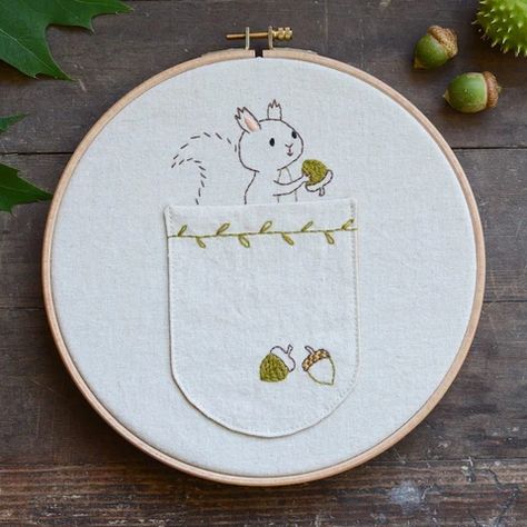 Embroidery – Twig + Tale Squirrel Embroidery, Woodland Squirrel, Friends Embroidery, Animal Embroidery Patterns, Petal Dress, Woodland Bunny, Bunny Embroidery, Learning To Embroider, Pocket Embroidery