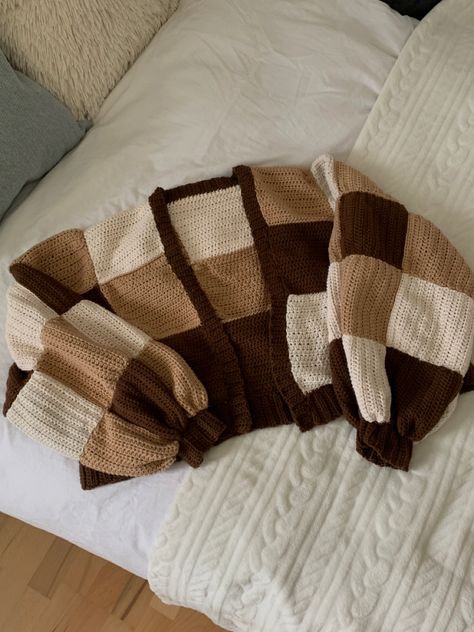 Harry Styles inspired patchwork cardigan with brown beige white wool aesthetic crochet Crochet Cardigan Design Pattern, Crochet Sweater Colors, Crochet Block Cardigan, Fall Patchwork Cardigan, Crochet Brown Yarn, Crochet Brown Top, Crochet Ideas Cardigan, Patchwork Crochet Sweater Layout, Patch Crochet Cardigan